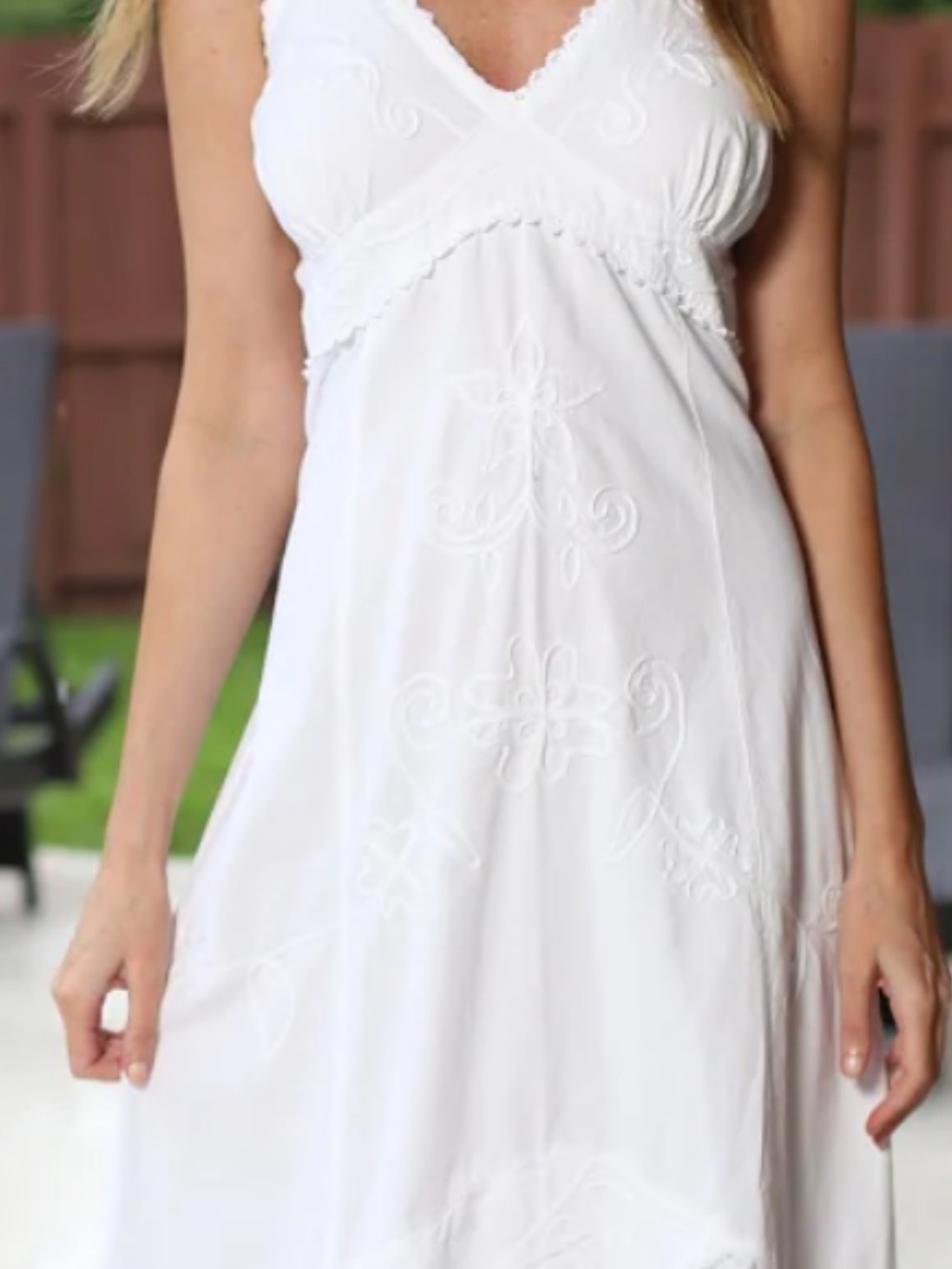 White V-Neck Embroidered Maxi Cotton Dress by Peruvian Cotton.